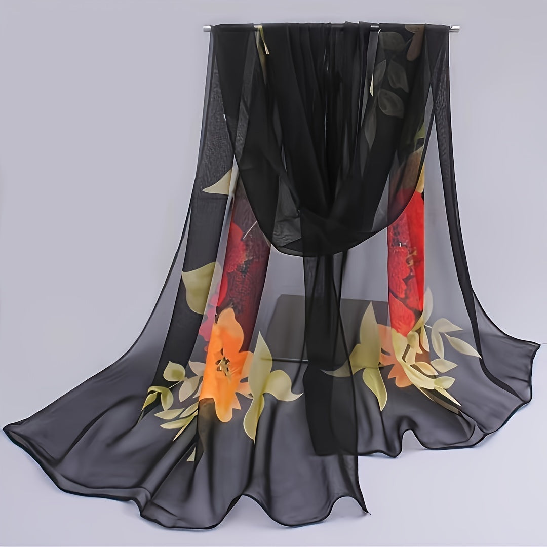 Peony Print Thin Scarf Beach Sunscreen Travel Shawl Vintage Chiffon Silk Scarf
