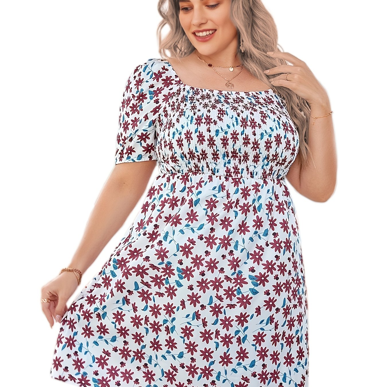  Floral Print Short Sleeve Square Neck Dress