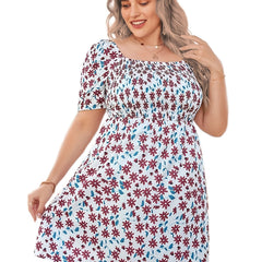  Floral Print Short Sleeve Square Neck Dress