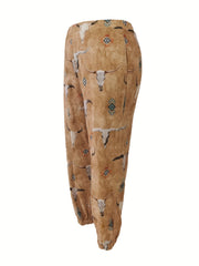  Western Style Bull Skull Print Joggers