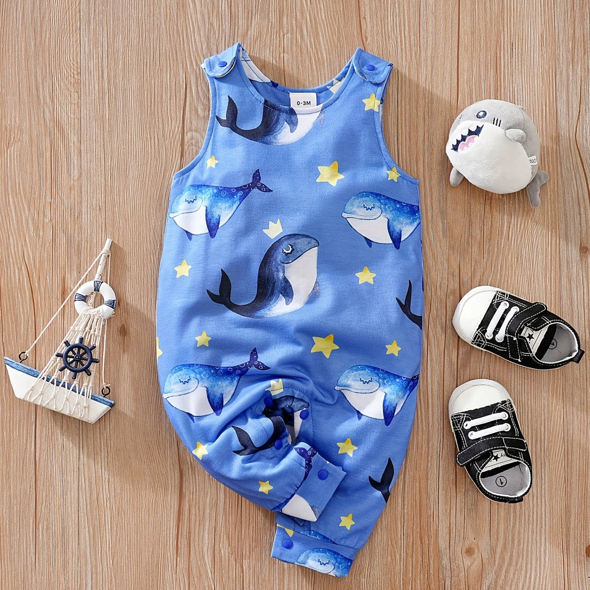 Baby Boys Whale Print Sleeveless Romper Comfortable Breathable