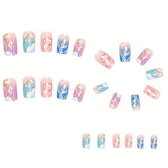 24pcs Marble Print French Press On Nails Medium Square Acrylic Nails