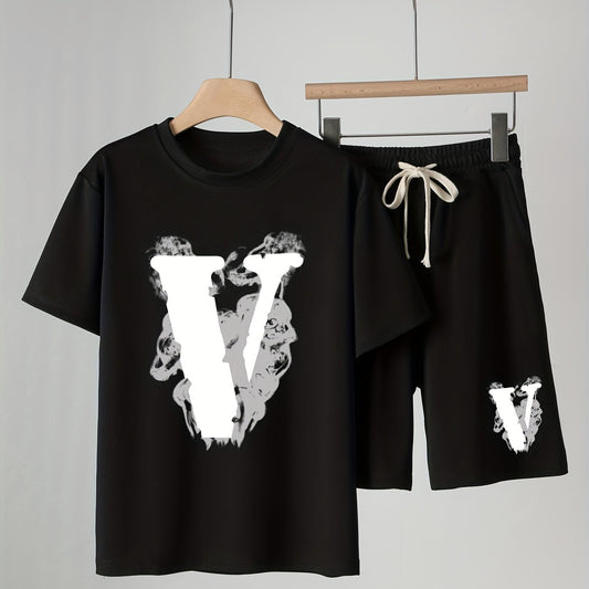 Boys Letter V Print Short Sleeve T shirt & Drawstring Shorts Set