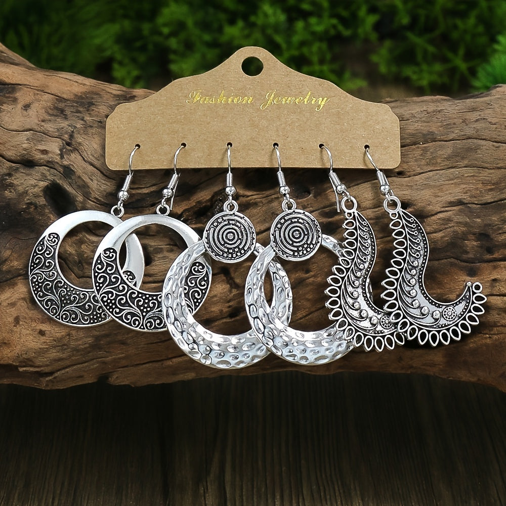 Retro Style Antique Silver 3 Pairs Earrings Set