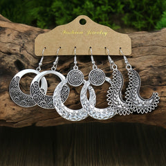 Retro Style Antique Silver 3 Pairs Earrings Set