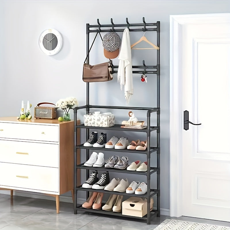 Shoe Storage Rack With Clothes Shelf Hanging Stand Hooks
