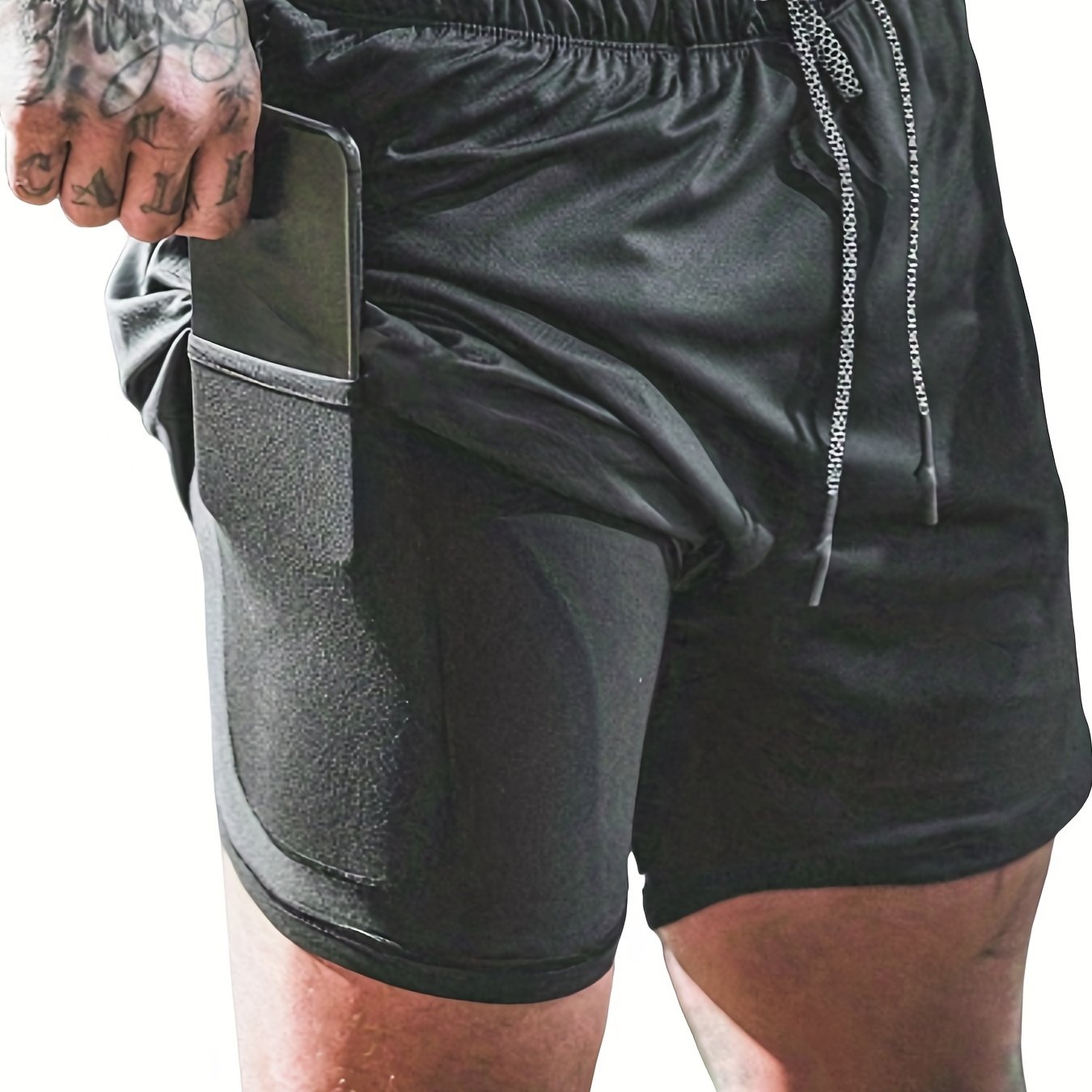 Men's Double Layer Pockets Sports Shorts with Drawstrings