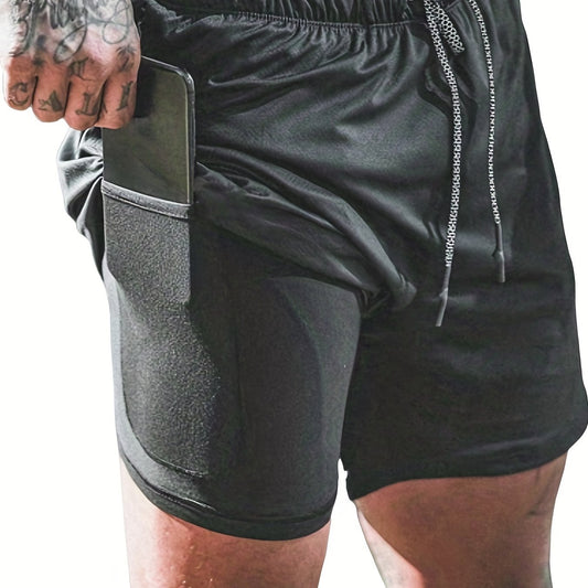 Men's Double Layer Pockets Sports Shorts with Drawstrings