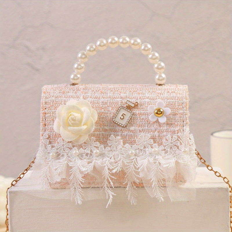 Sweet Princess Crossbody Bag Snowflake Trim Pearl Handle Girls Handbag