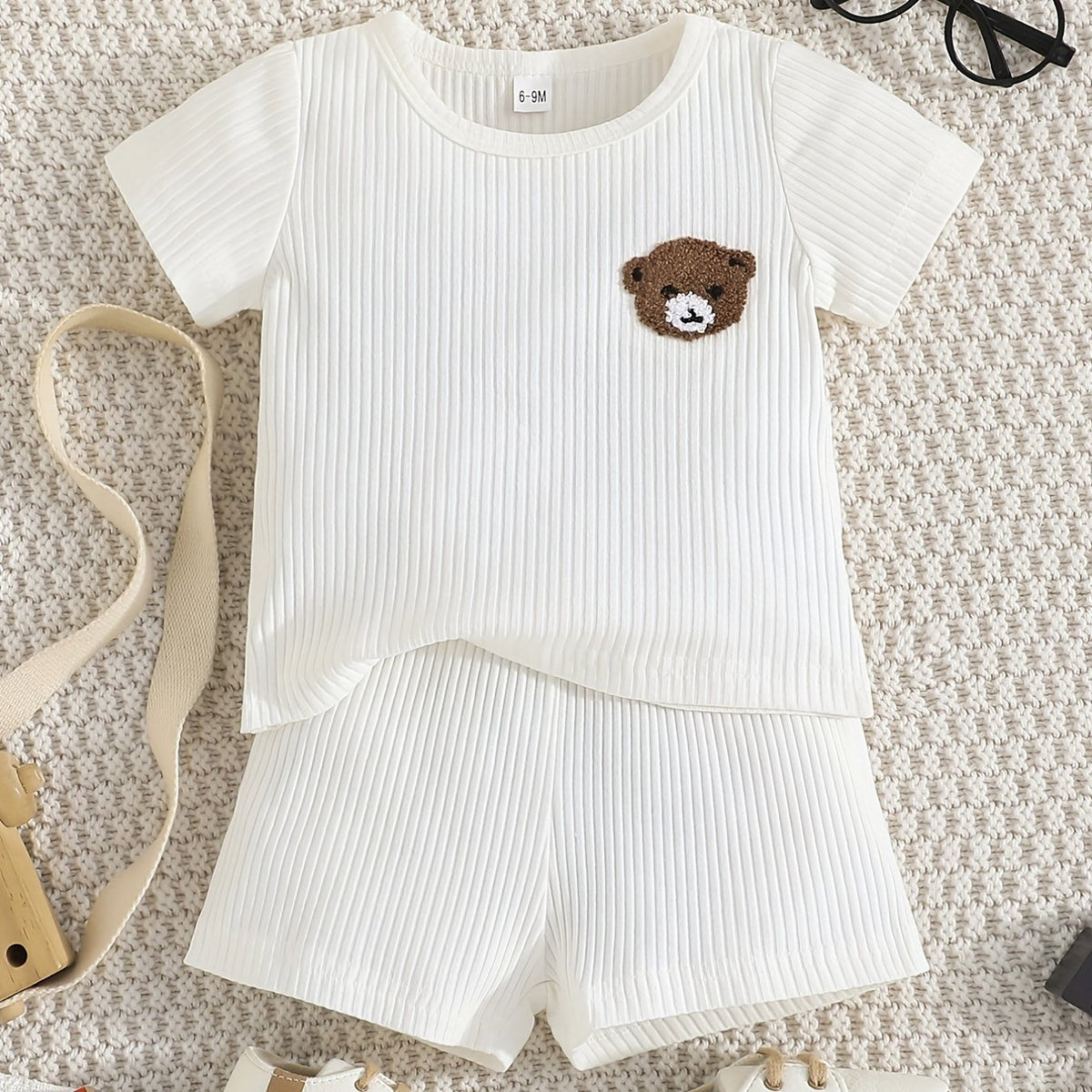 Striped Bear Print Short Sleeve Tee & Shorts Boy's Set