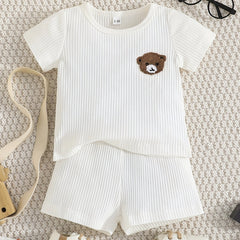 Striped Bear Print Short Sleeve Tee & Shorts Boy's Set