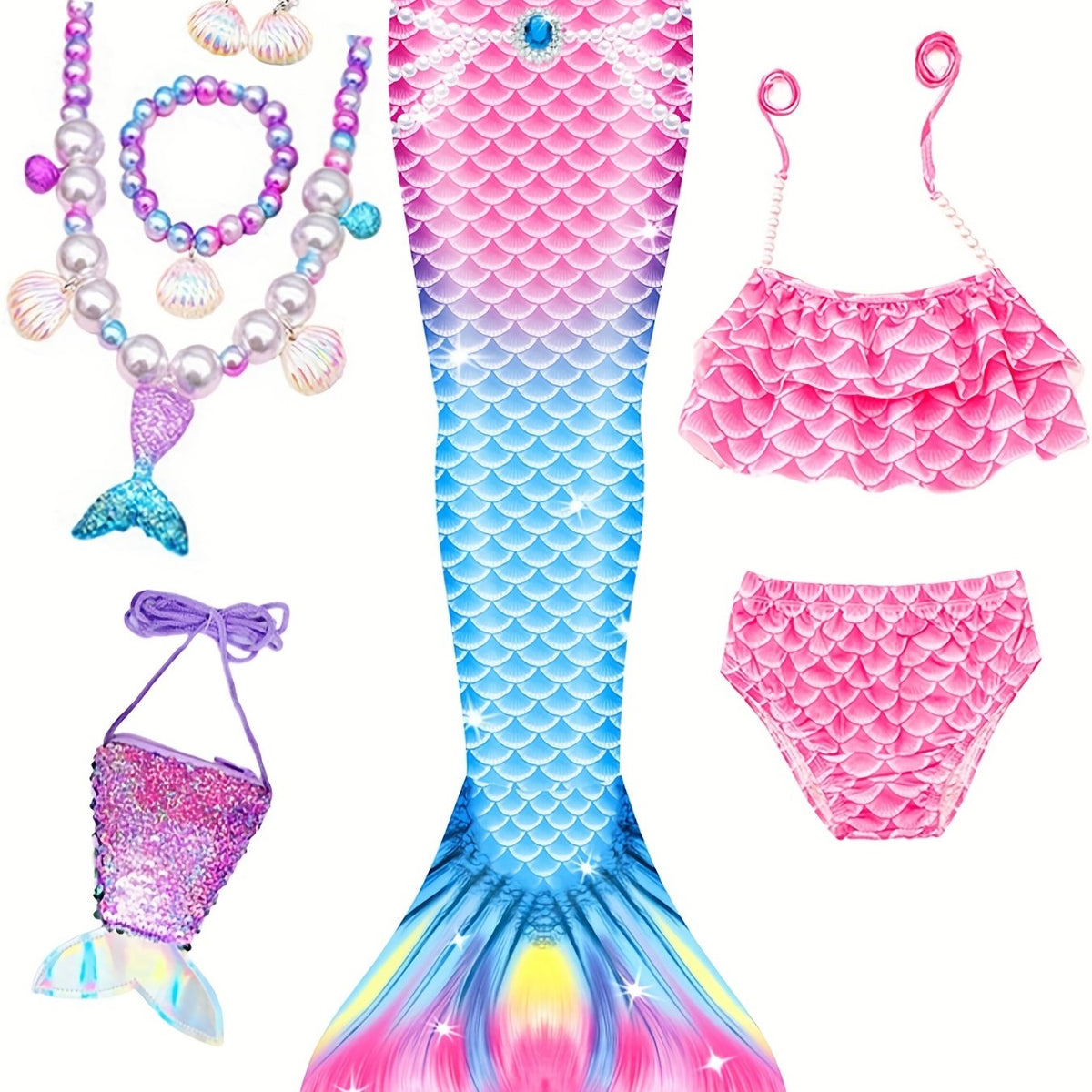 Mermaid Costume Swimsuit 3pc Set w/ Accessories Mermaid Princess Dress Up