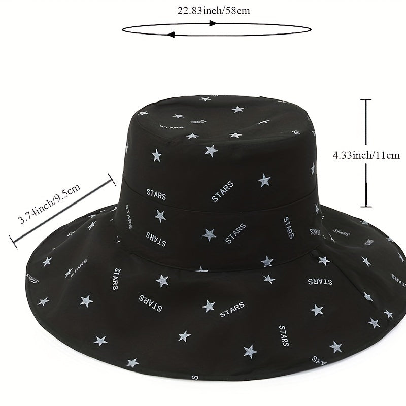 Star Print Bucket Hat Wide Brim Sunshade UV Protection Casual Travel Beach Hats