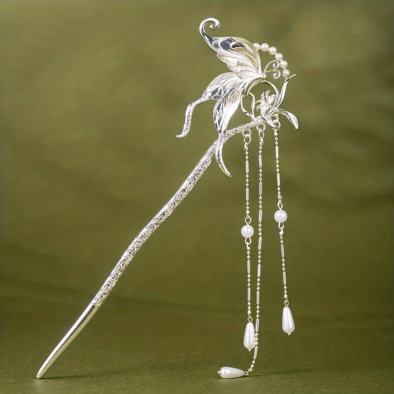 Alloy Butterfly Hairpin Pendant Hair Stick Faux Pearl Head Jewelry