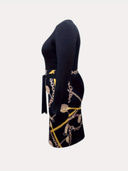 Plus Colorblock Chain Print Long Sleeve Round Neck Bodycon Dress
