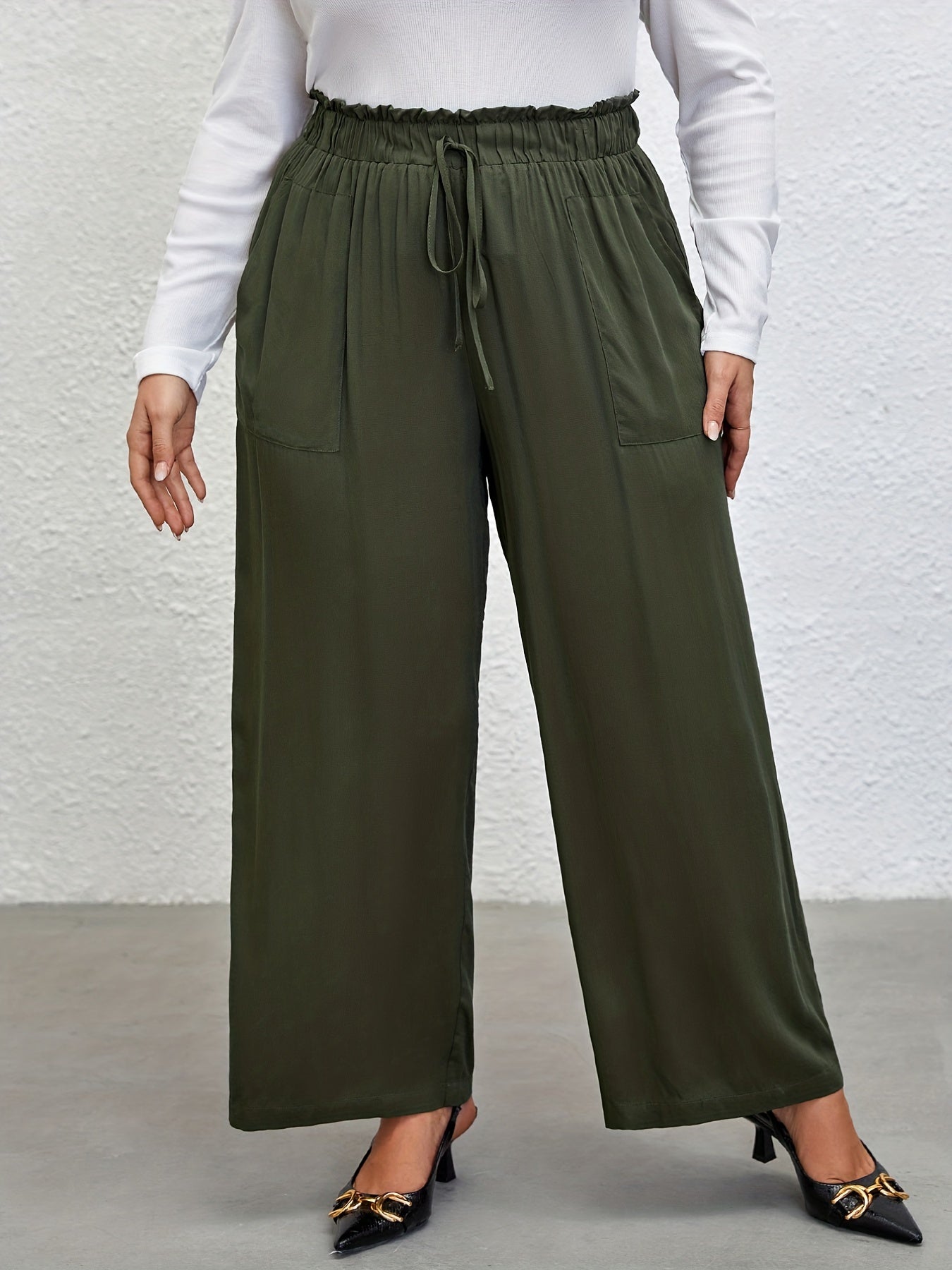  Plain Waist Band Drawstring Wide Leg Pants