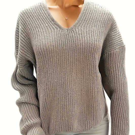 Solid V Neck Long Sleeve Knitted Sweater for Women