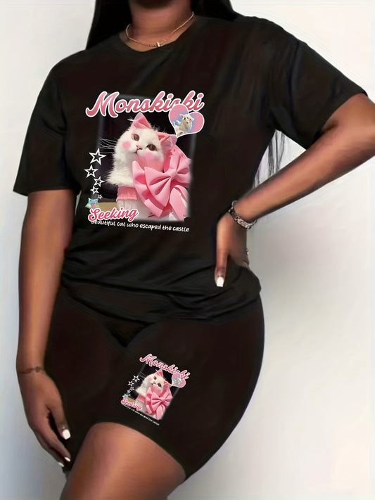  Cat & Letter Print Crew Neck Top & Shorts Set