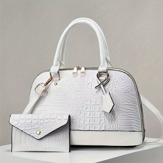 Crocodile Pattern Shell Tote Bag with Matching Mini Clutch