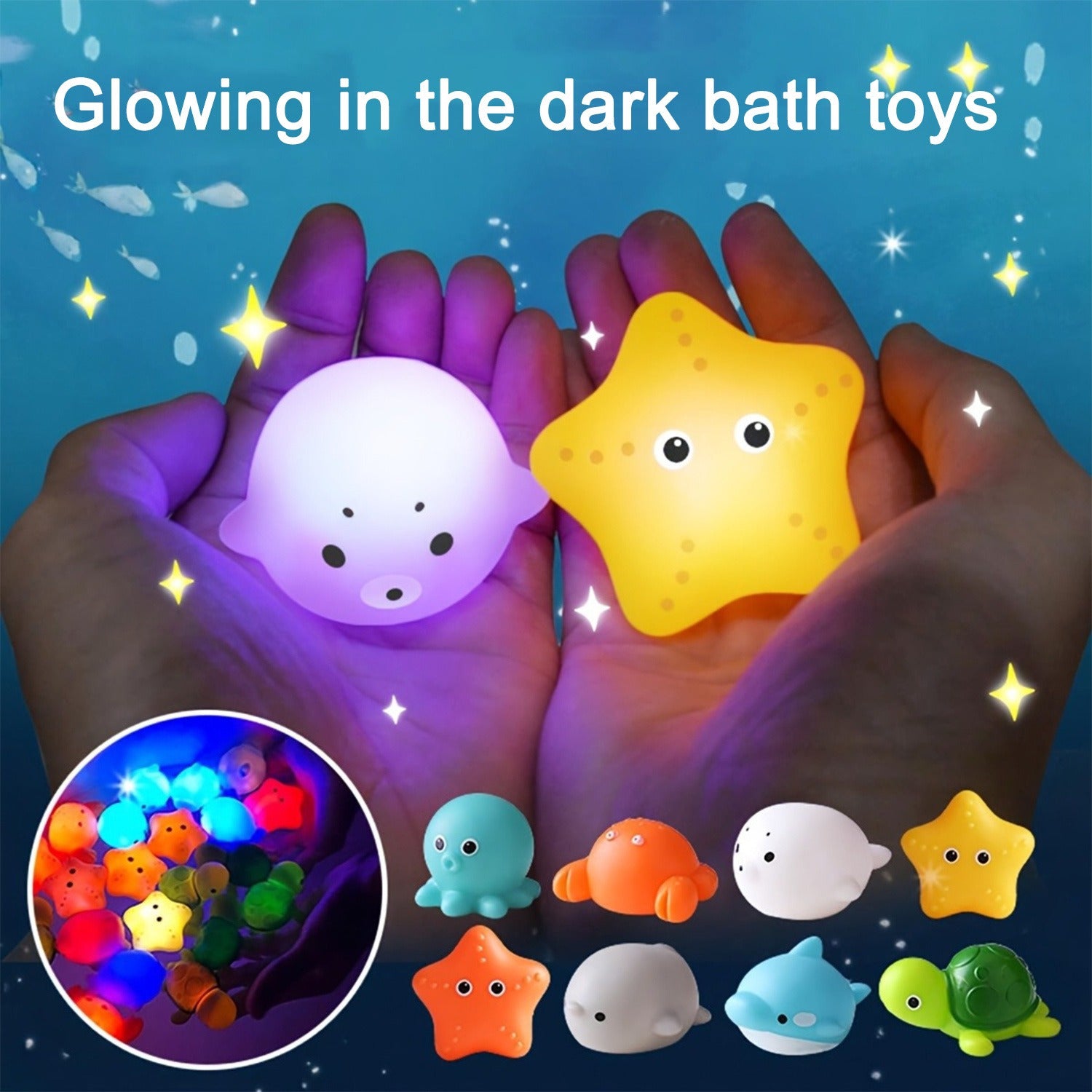 Light Up Sea Animals Set Glitter Colorful Bath Toys - 8pcs