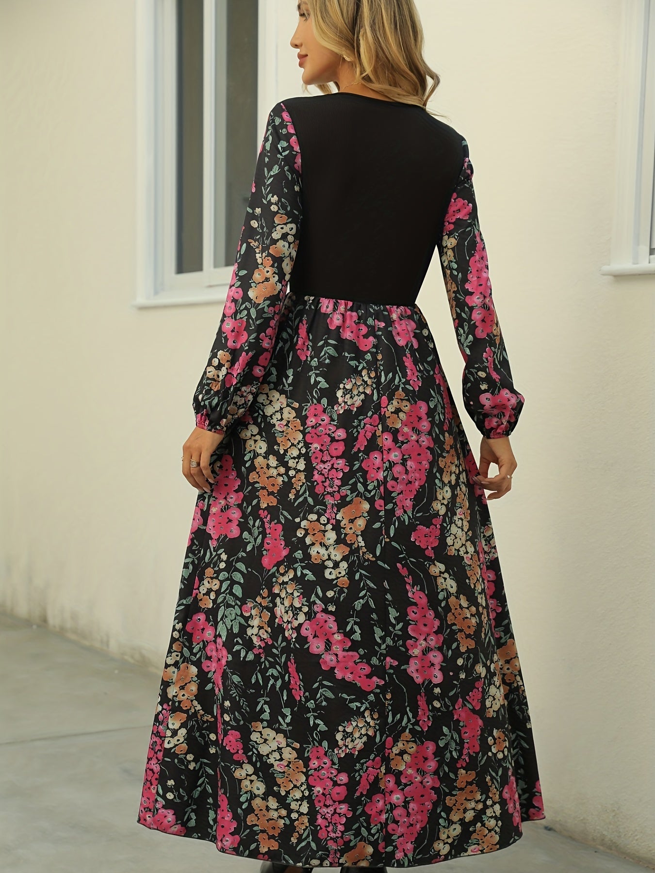 Women's Plus Colorblock Floral Print Long Sleeve Round Neck Maxi Dress