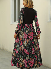 Women's Plus Colorblock Floral Print Long Sleeve Round Neck Maxi Dress