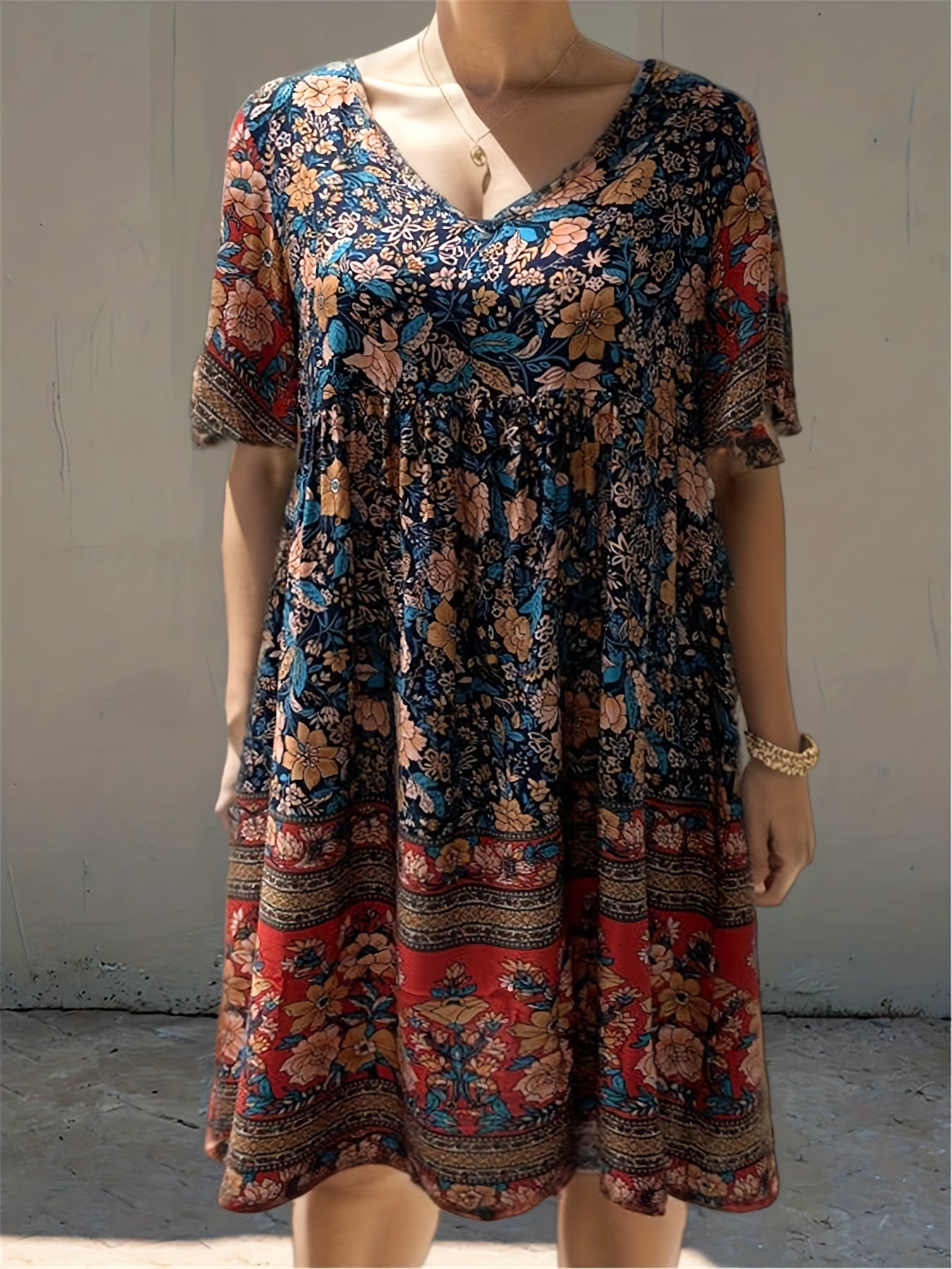 Floral Print V Neck Short Sleeve Dress for Summer