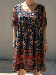 Floral Print V Neck Short Sleeve Dress for Summer