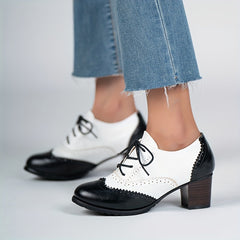 Women's Perforated Pumps Colorblock Lace Up Stacked Chunky Heels