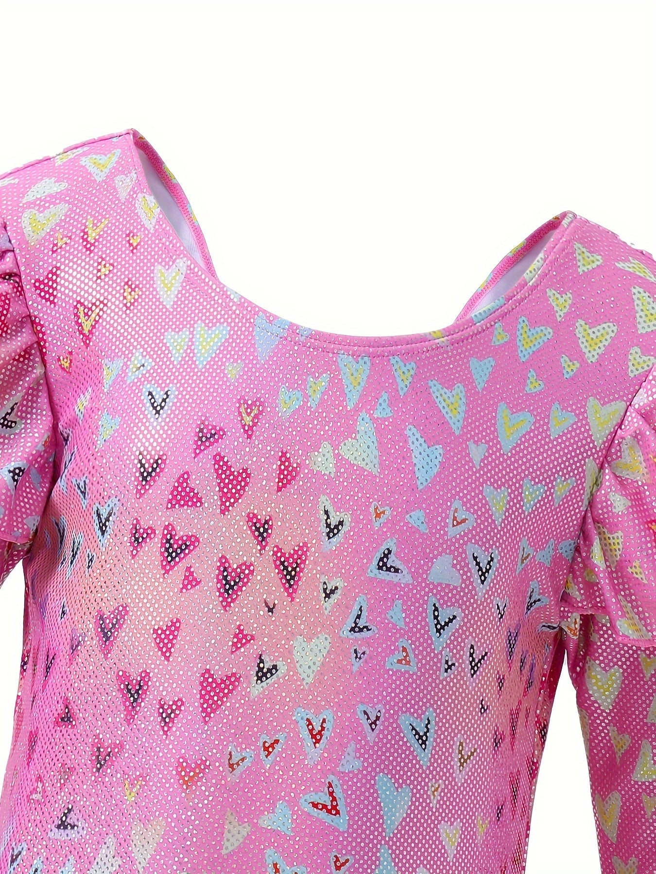 Girls Heart Graphic Flutter Trim Long Sleeve Gymnastics Leotard