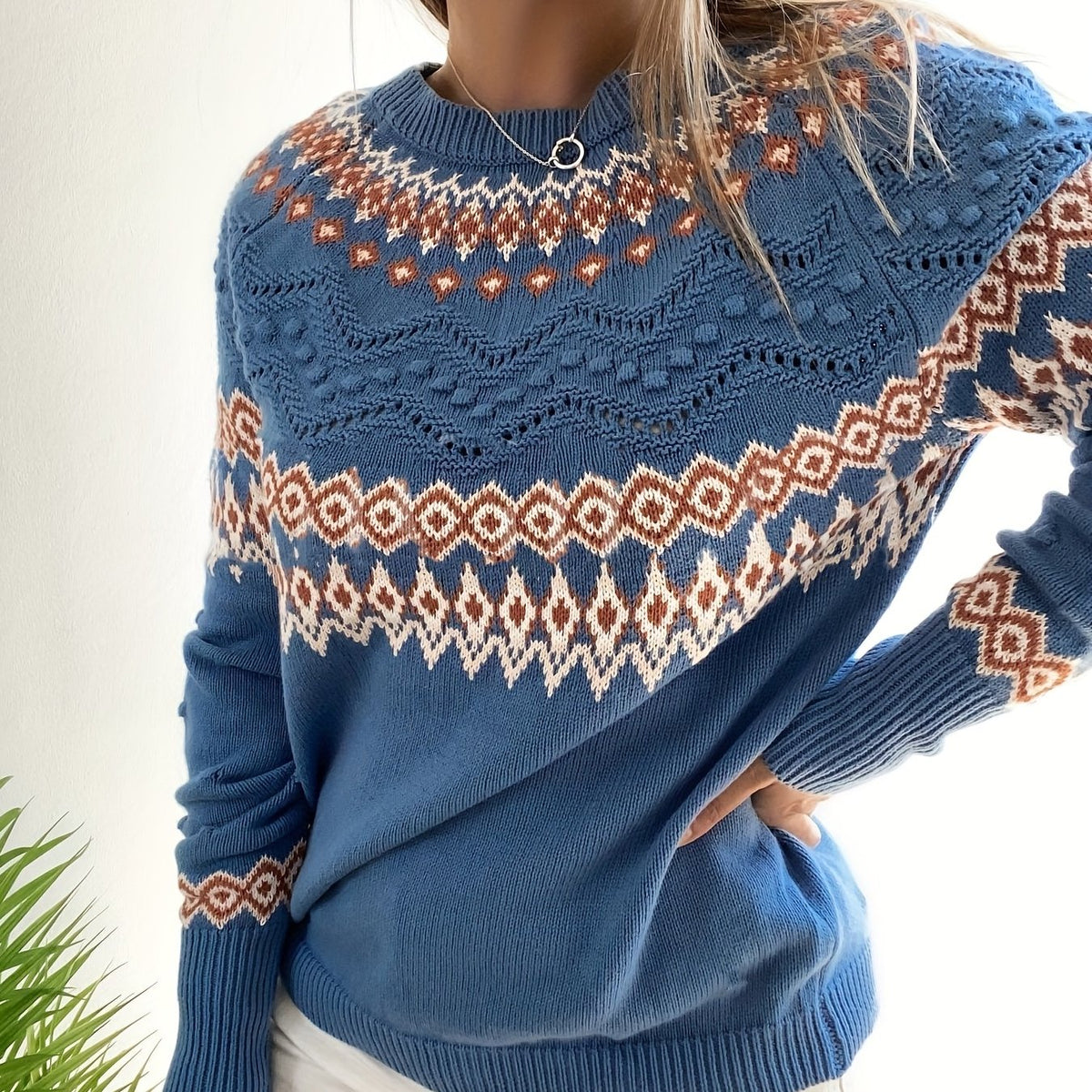 Argyle Pattern Knit Sweater Vintage Crew Neck Long Sleeve Women's Clothing