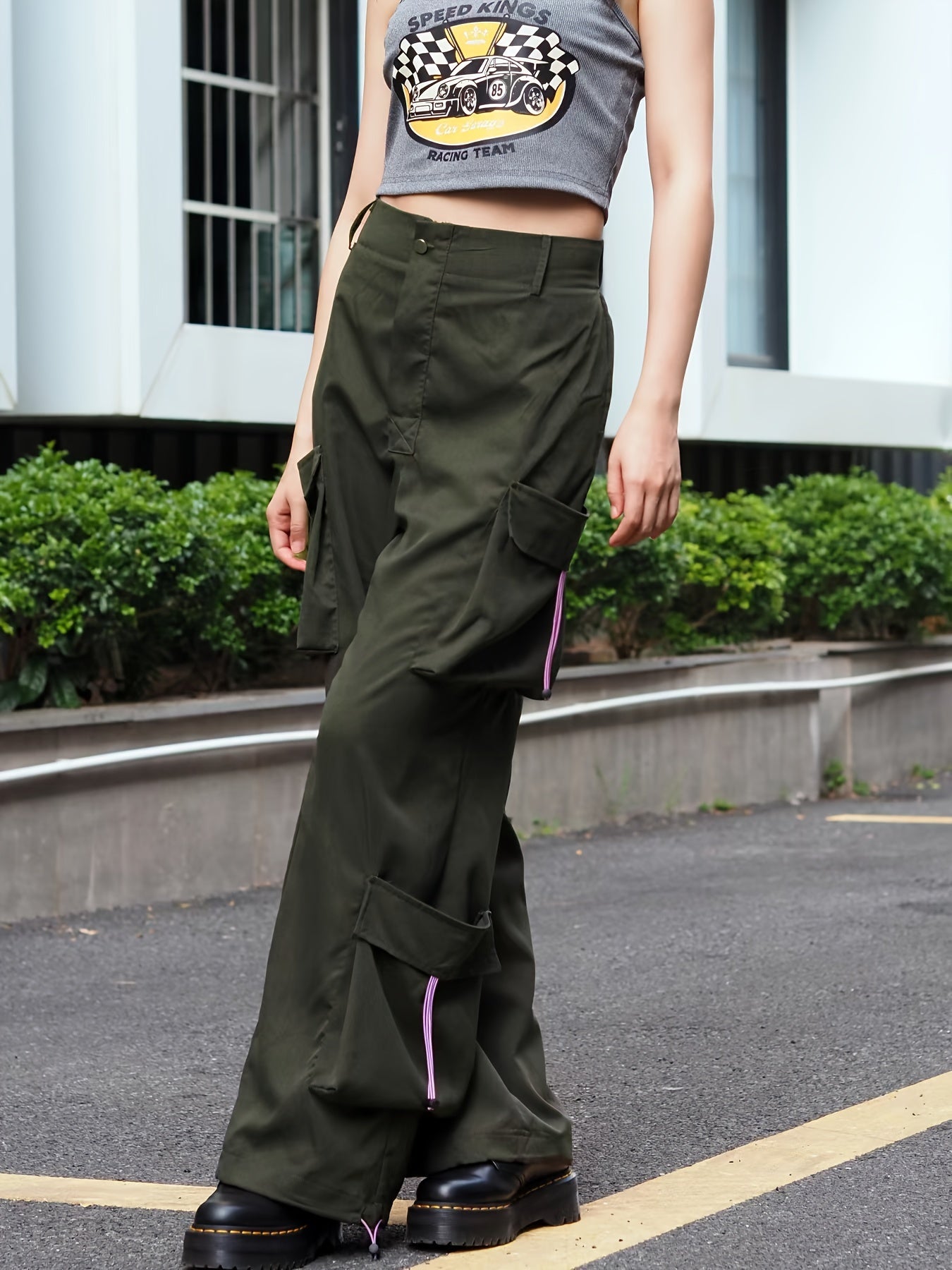  Y2K Cargo Pants Women's Solid Drawstring Loose Fit Flap Pockets