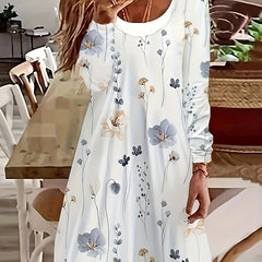  Colorblock Floral Print Long Sleeve Dress