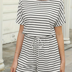 Striped Drawstring Waist Romper Short Sleeve Jumpsuit