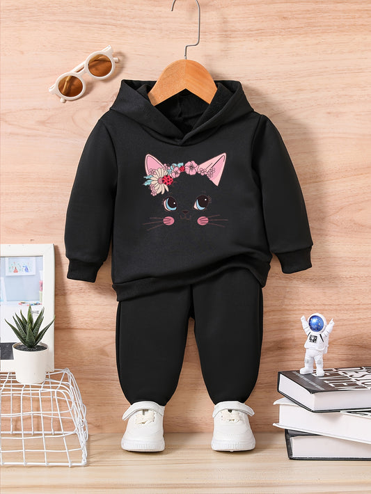 KITTY & FLOWER Print Toddler Outfit Set for Fall Winter