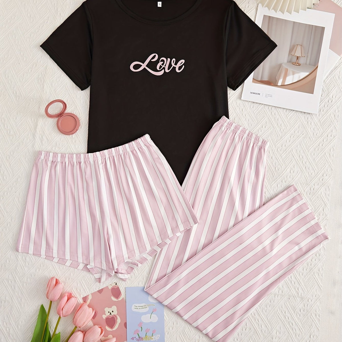 Letter Print Pajamas Set Short Sleeve Top & Striped Shorts & Pants