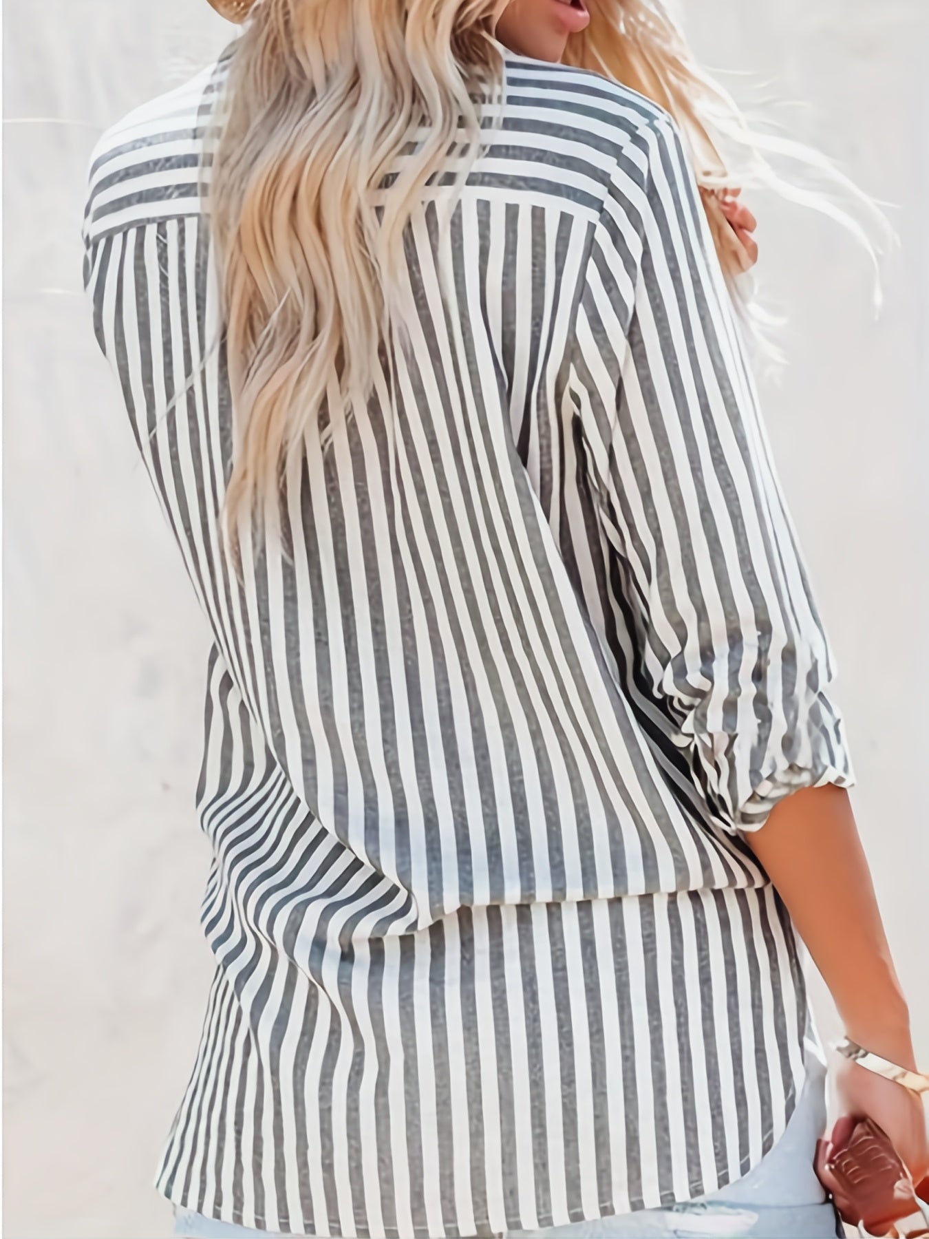 Women's Plus Stripe Print Button Up Long Sleeve Blouse