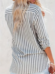 Women's Plus Stripe Print Button Up Long Sleeve Blouse
