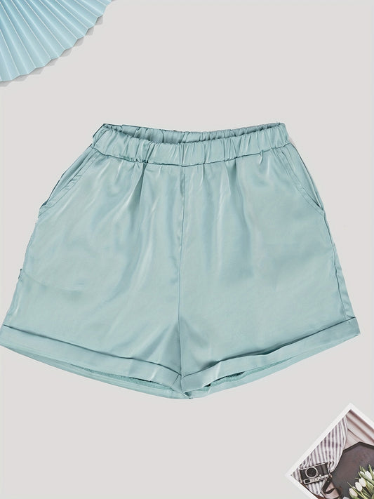 Solid Casual Elastic Waist Wide Leg Summer Shorts With Pockets