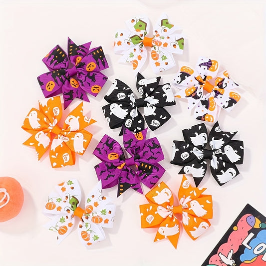 10pcs Halloween Pumpkin Ghost Print Bow Hair Clip for Baby Girls
