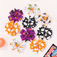 10pcs Halloween Pumpkin Ghost Print Bow Hair Clip for Baby Girls