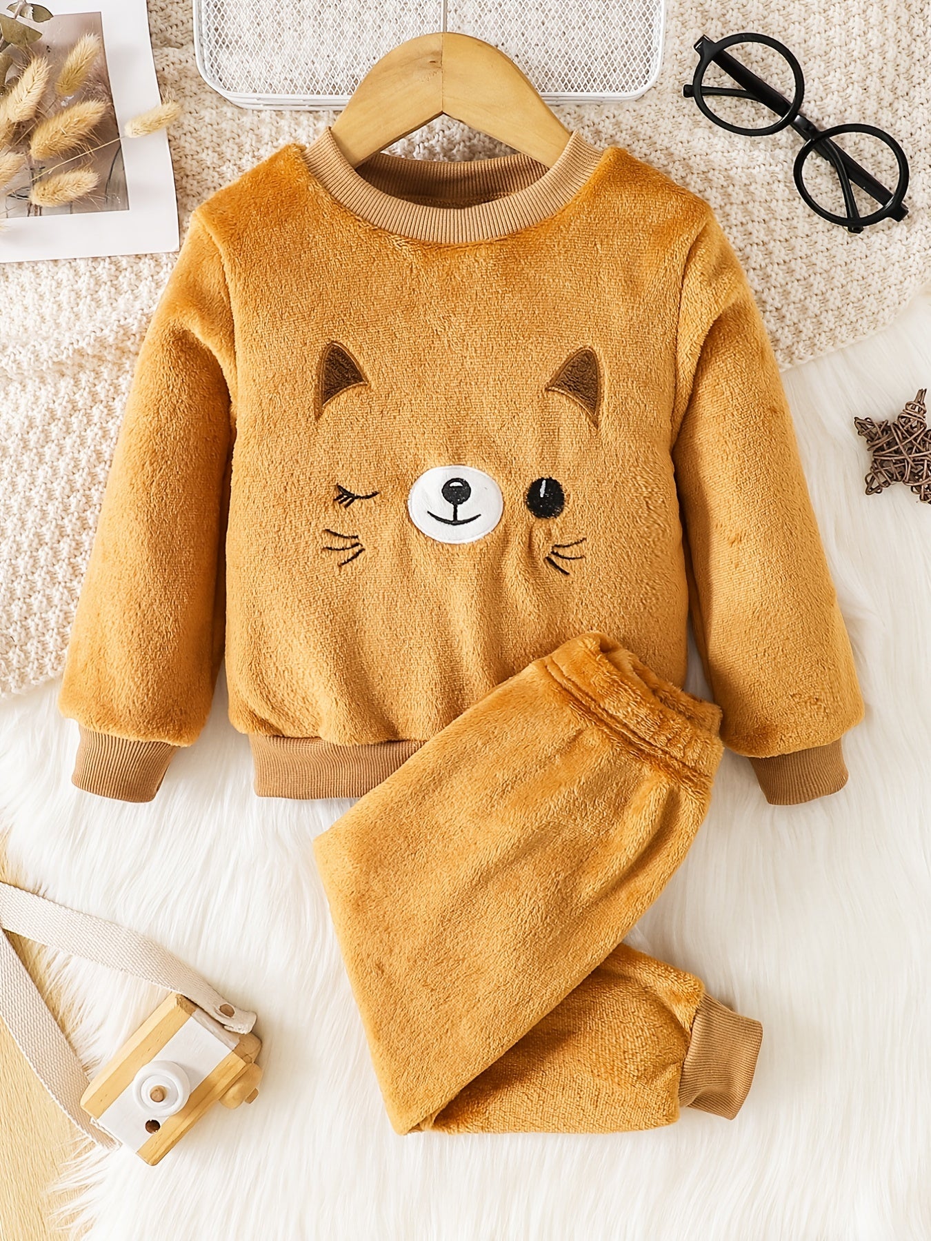 Cartoon Cat Long Sleeve Warm Fleece Pajama Set