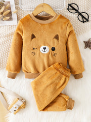 Cartoon Cat Long Sleeve Warm Fleece Pajama Set