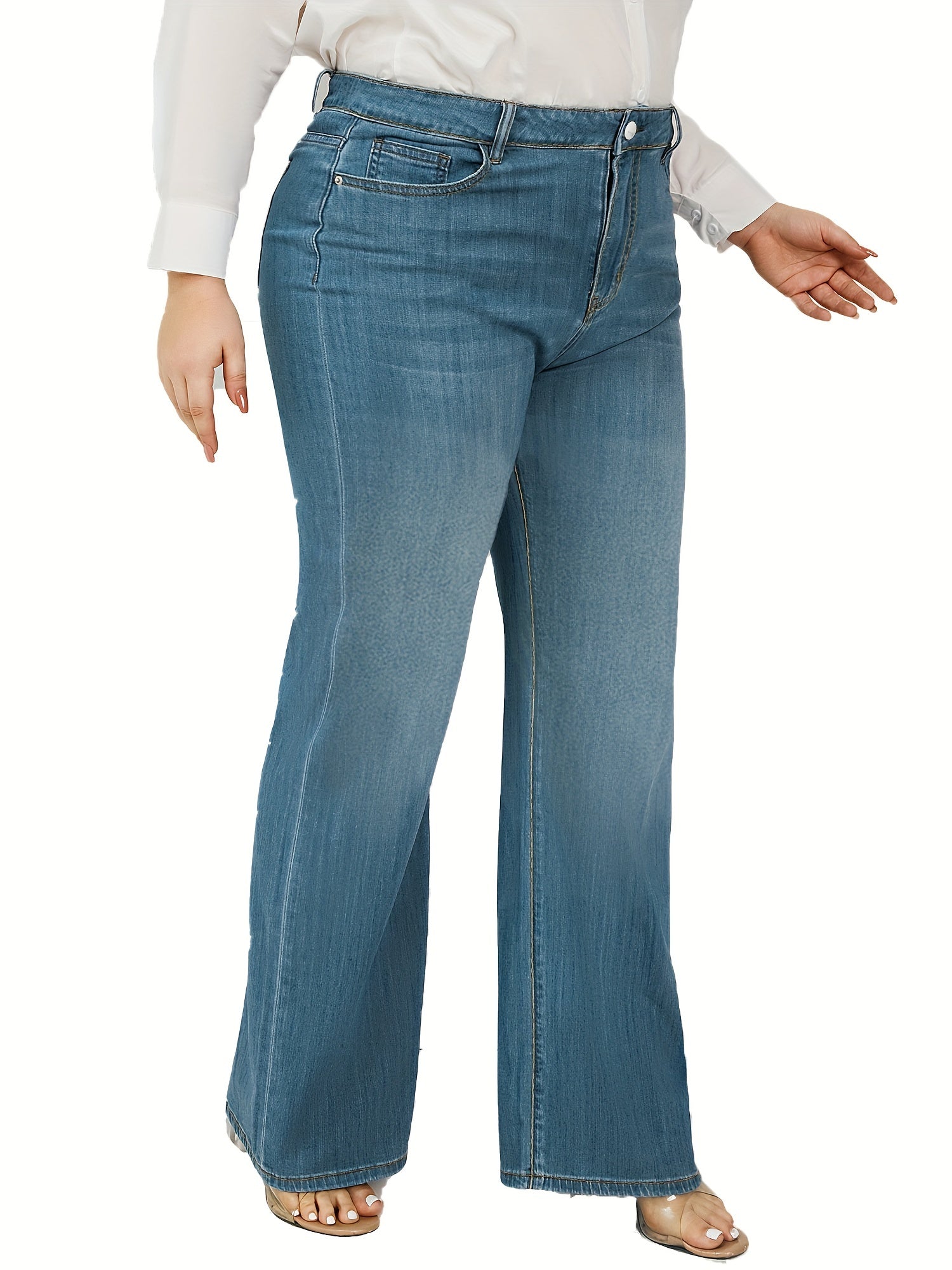  Washed Button Fly Wide Leg Jeans