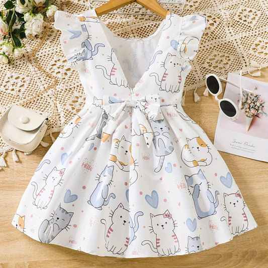 Toddler Girls Ruffle Trim Cat Graphic Backless Bow Princess Dress
