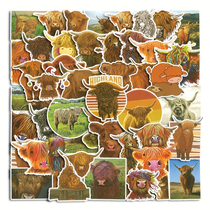 50pcs Highland Cow Cartoon Stickers For Motorcycle Helmet Water Cup