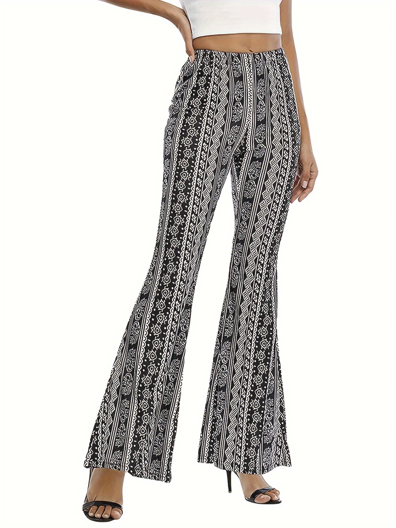 Geometric Print Elastic High Rise Flared Leg Pants