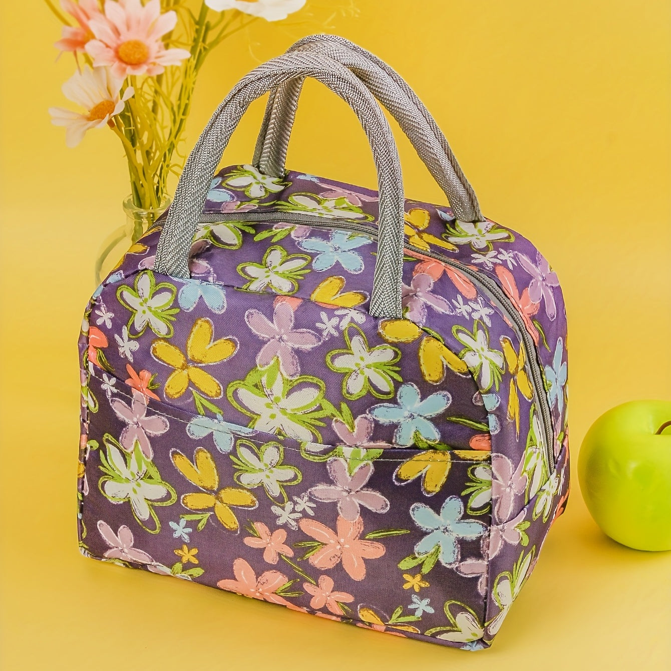 Purple Flower Bento Bag Ice Pack Waterproof Large Lunch Box Bag