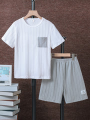 Boys Casual Stripe Graphic Short Sleeve T shirt & Shorts Set