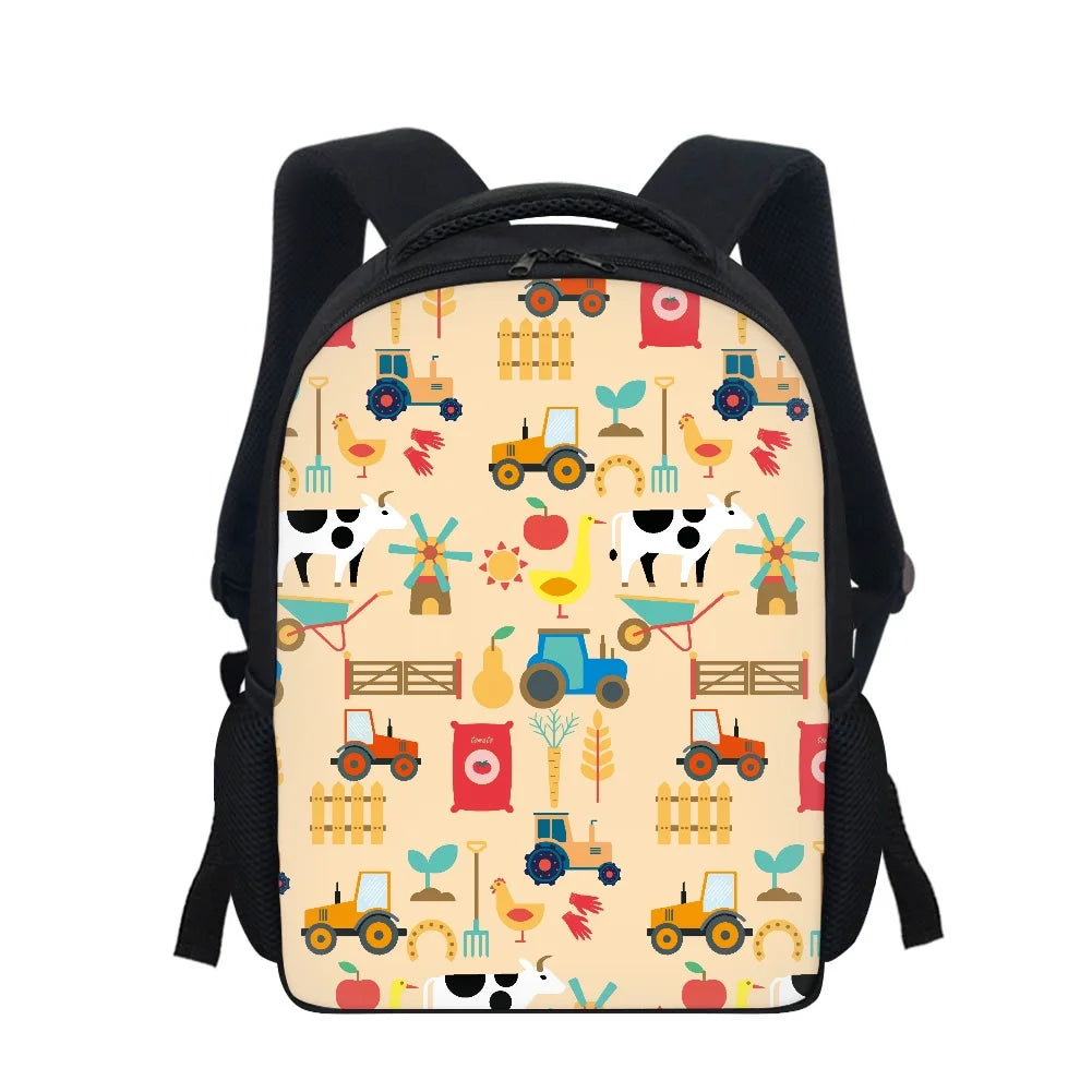 12" Cartoon Farm Car Printed Kids Backpack Schoolbag